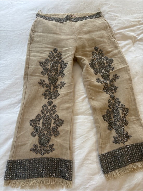 Twin-Set Pants - Twin-Set Beige Linen Embellished Capris with Pewter Beading